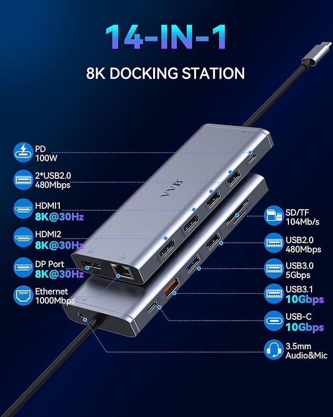 Docking Station Dual Monitor for Dell/HP/Lenovo Laptop,8K HDMI Adapter Docking Station 3 Monitors USB C Hub Multiple Adapter with 2 HDMI+8K DP+10G USB A/C+100W PD+Ethernet+SD/TF+Audio for iPhone 15