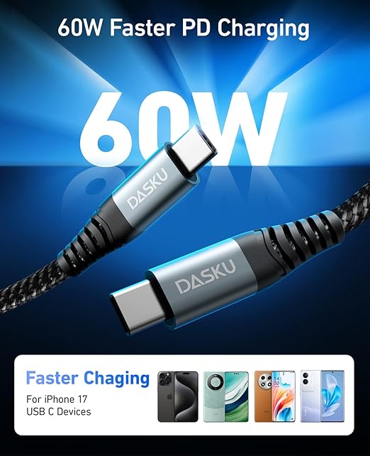 Dasku USB C to USB C Charging Cable 6ft 60W, Type C to Type C Fast Charger Cord,for iPhone 17/16/15, Pro/Plus/ProMax,for MacBook Pro/Air,for iPad Air 4/5,Mini 6/Pro12.9/11in