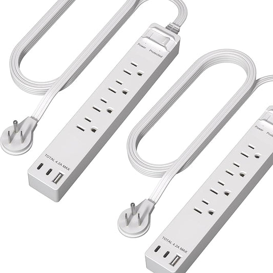 LIDER Outlet Extender with 4 Receptacles, USB Type-A and 2 USB Type-C, Ultra-Thin Flat-Plug, 4-Outlet Power Strip, 45 Degree Angle, Surge Protector, 1500 Joules, 5ft Cord, UL-Listed, White, 2 Pack