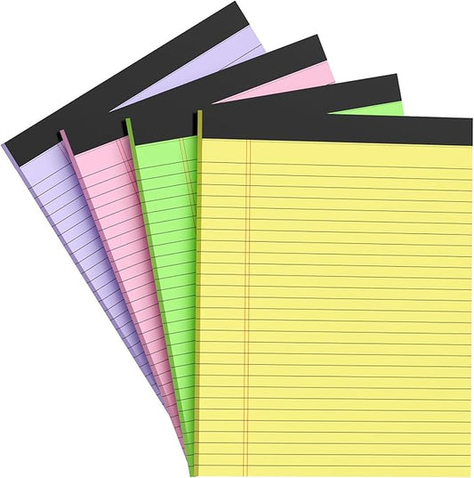 Colored Legal Pads 8.5 x 11 Note Pads, Wide Ruled Sturdy Back Writing Pads 30 Sheets/Pad, 20lb Colored Paper, Perforated Notepad with Sturdy Back (4 Pads)