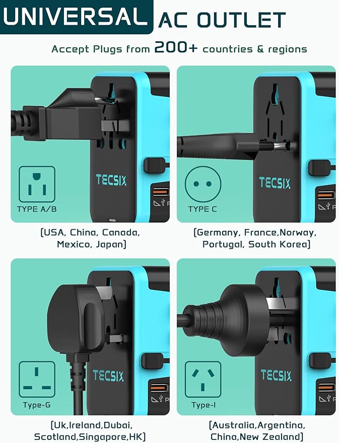 Universal Travel Adapter Worldwide PD 35W, TECSIX International Power Adapter Fast Charging with 2 USB C, 2 USB A Multi Outlets, Gan Travel Plug Adaptor for EU US UK AUS 200+ Countries