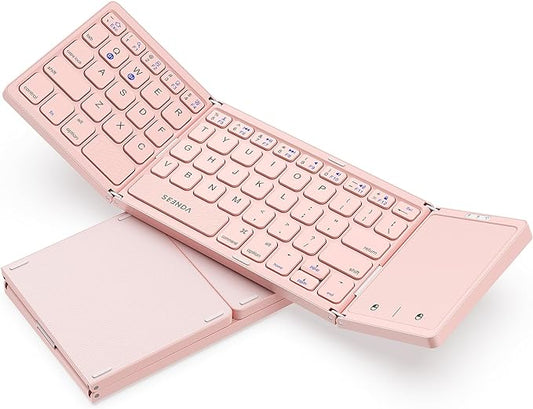 seenda Foldable Bluetooth Keyboard for Travel, Tri-Folding Wireless Rechargeable Multi-Device Portable Keyboard with Touchpad, for Laptop iPad Tablet PC Smartphone Windows iOS Android, Pink