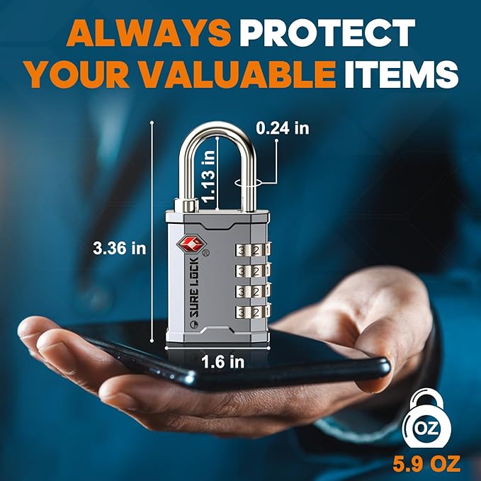 SURE LOCK TSA Accepted Combination Luggage Padlock for Gun Cases, Transporting Equipment Cases in Trade Show, Music and Medical Industries (1, Silver)