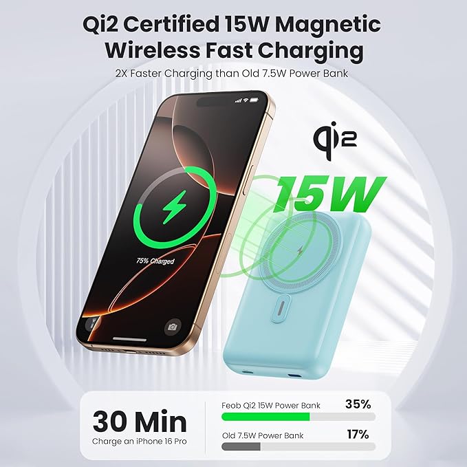 Magnetic Portable Charger for iPhone, 3-in-1 10800mAh Qi2 15W Wireless Power Bank with iWatch Charger,30W PD Fast Charging USB-C LCD Display Battery Pack for Magsafe,iPhone 16/15/14/13/12, Apple Watch
