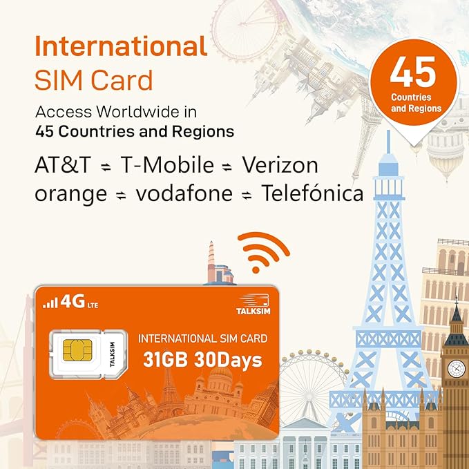 International Data SIM Card 31GB for 30 Days –4G LTE Coverage 45 Countries in USA,UK,Europe,Asia and Africa Prepaid Travel Data Only SIMCARD for Unlocked WiFi Mobile Hotspot,Phones&Tablet–No Contract