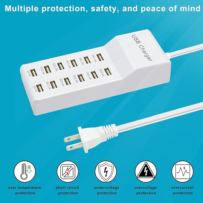 Multiple USB Charger Station 12 multiport Charger Station Hub with Fast Charging Wall Charger for Multiple Devices USB Charging Port Compatible with Cell iPhone Android Smartphone Smart Watch