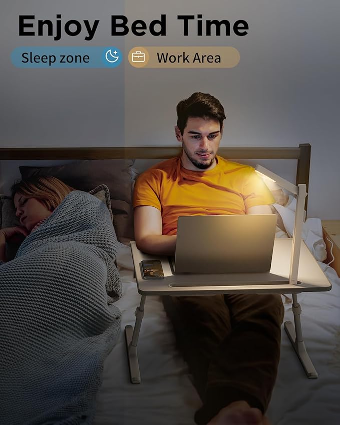 SAIJI Laptop Bed Tray Desk with LED Desk Light, Adjustable Laptop Stand for Bed, XX-Large PVC Leather Foldable Table with Book Stand, Wrist Rest, Extra Leg Room (Grey)