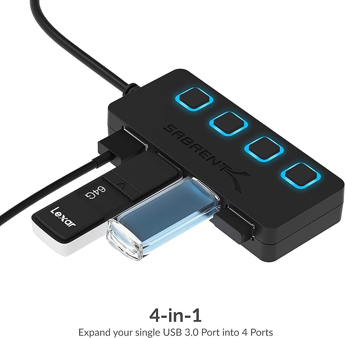 SABRENT 4-Port USB 3.0 Hub with Individual LED Power Switches - Slim, Portable Design - 2 Ft Cable - Fast Data Transfer - Compatible with Mac & PC (HB-UM43)
