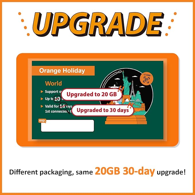 Orange Holiday Worldwide Prepaid eSIM Card 20GB Internet Data for 30 Days in 4G/LTE (Data tethering Allowed) + International SMS & Calls (International sim, Asia America Europe)