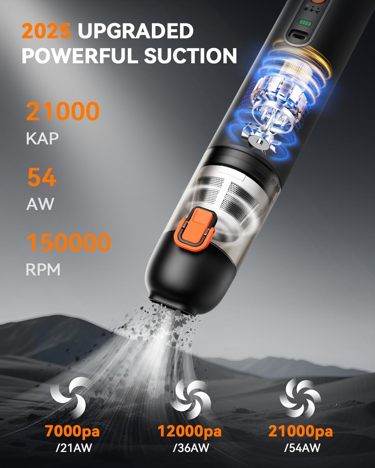 Car Vacuum, Handheld Vacuum Cordless with 21000Pa Powerful Suction & 3 Modes, 4-in-1 Portable Hand Held Mini Vacuum Cleaner Rechargeable, Ultra Light for Car Home Office (Black)