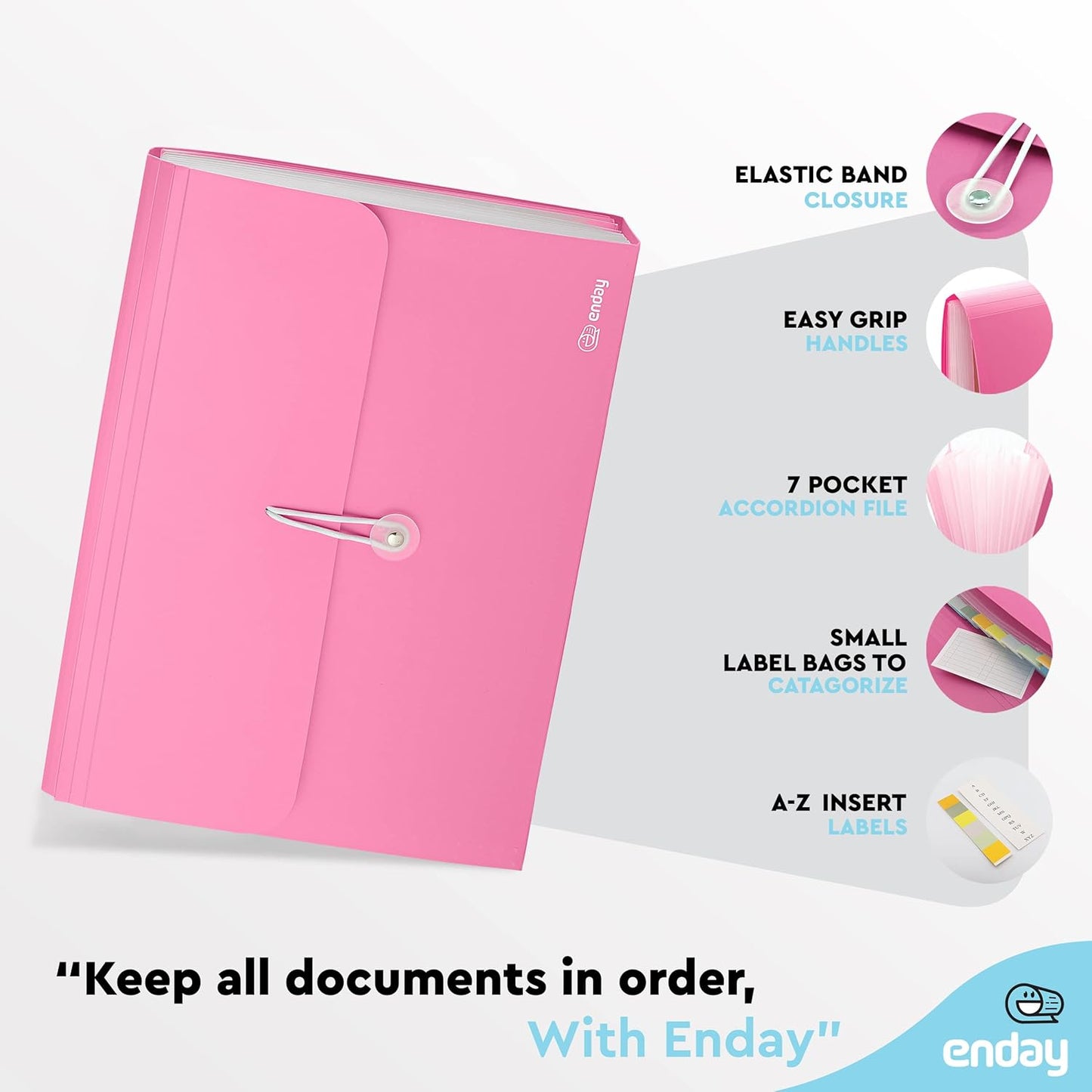 Accordion File Organizer Pink, 7 Pocket Expanding File and Cover Folder with Labels, Plastic Portable Desktop Letter A4 Paper, Also Available in Red, Purple, Green, Blue, Grey, 1 Pc – by Enday