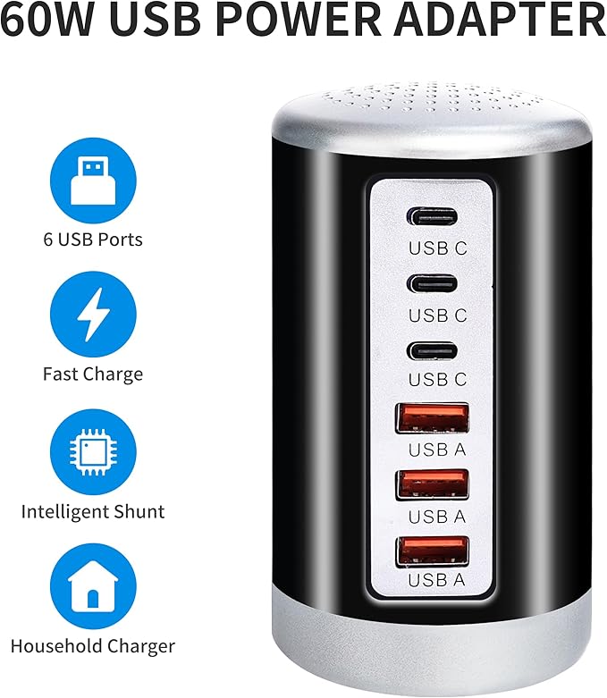 USB Charger,60W USB Charging Station with 6-Port(3 USB-A Port & 3 USB-C Port) Compatible with iPhone 15/14/13/13pro Max 12/12 Mini/12Pro/12 Pro Max/11,Tablets, Smartphones Black