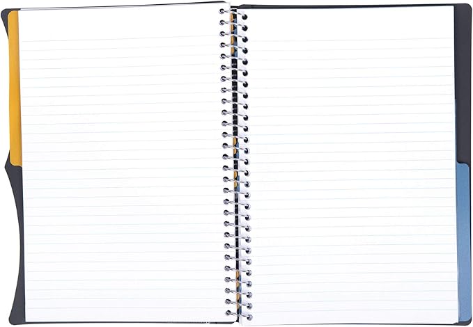 Mintra Office Durable PREMIUM Spiral Notebook, ((Black, 2 Subject (6in x 9.5in)), Wire, Fabric Covered Coils, No Snags, Removable Adjustable Pocket Dividers, Ruler, Organization, Customizable