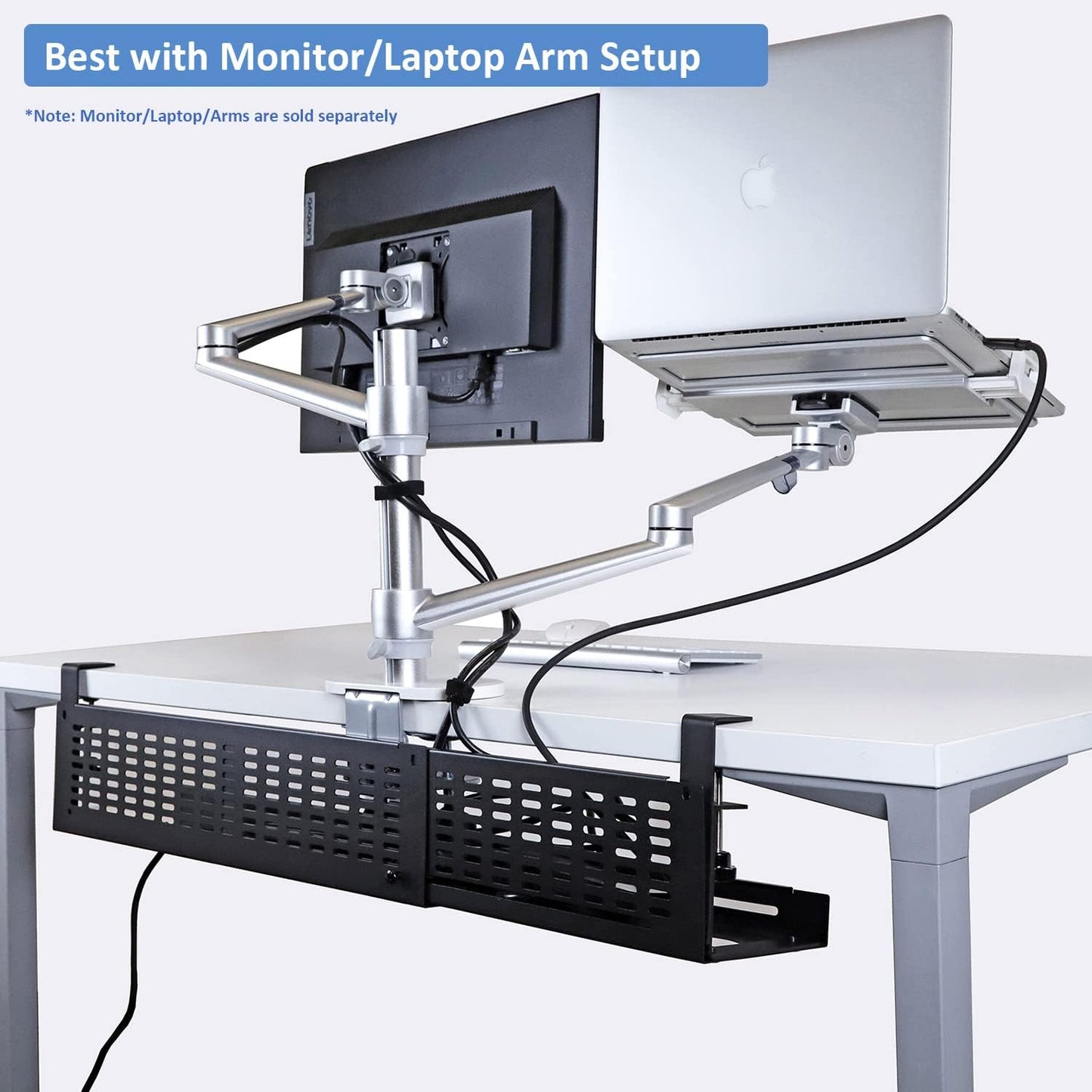 AEONS Under Desk Cable Management Tray Kit - Horizontal Adjustable up to 41” Removable C Clamp Mount Reversible Computer Cord Raceway and Modesty Panel for Large Desk, Black