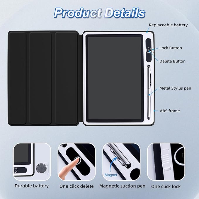 10 inch LCD Writing Tablet Electronic Writing Notebook with PU Protective Cover Erasable Drawing Pad Gift for Adults at Home Business Office(Black