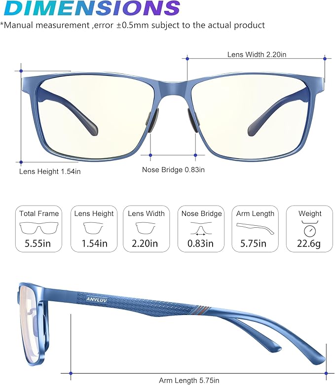 ANYLUV Blue Light Glasses Men, Relieve Eyestrain and Eye Protection, Al-Mg Metal Computer Blue Light Blocking Glasses