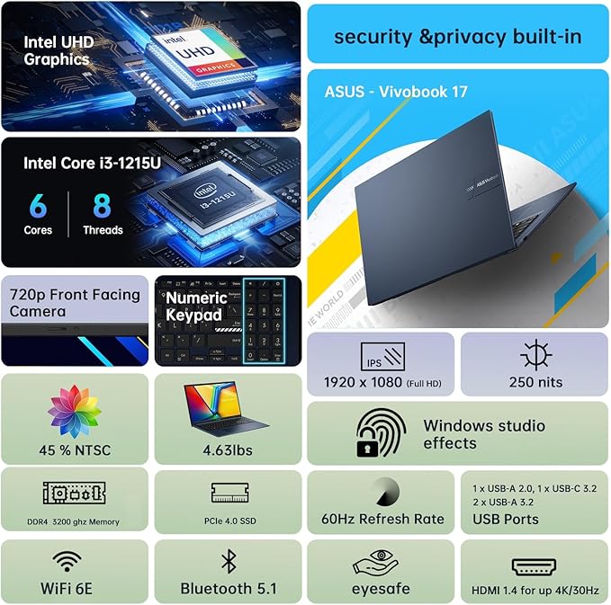 ASUS Vivobook Laptop,17.3" FHD Anti-Glare Display, Core i3-1215U (up to 4.4GHz), 16GB RAM, 2TB SSD + 128GB Portable SSD, WiFi 6E, Webcam, Keypad, Copilot, with 2019 Lifetime Office, Win 11 Pro
