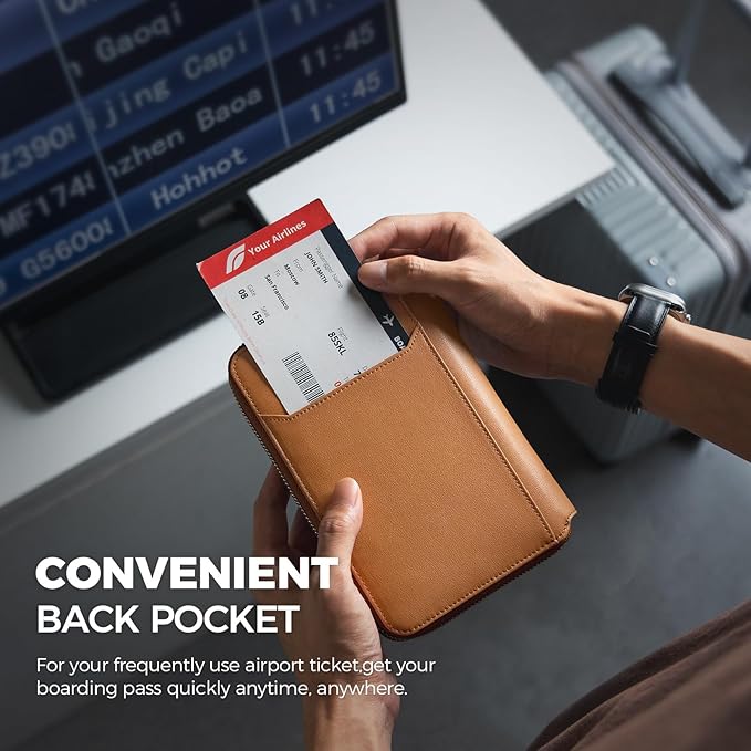 VULKIT Leather Passport Holder for 4-8 Passports Family Passport Wallet with Zipper Travel Documents Organizer for Men or Women(Brown)