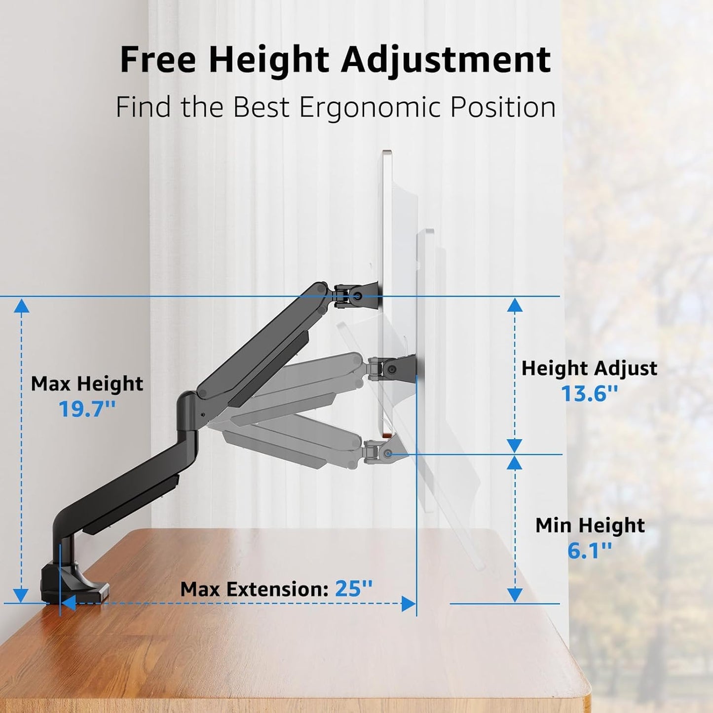 MOUNTUP Single Monitor Mount fits 43 42 40 39 37 34 32 27 inch Ultrawide Screen, Holds 6.6-33lbs, Computer Monitor Arm Desk Mount, Heavy Duty Gas Spring Monitor Stand with C-clamp/Grommet Base