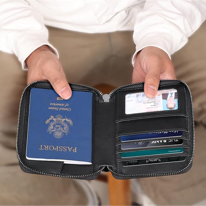 Polare Full Grain Leather Travel Passport Wallet RFID Blocking Passport Holder Soft Bifold Cover Case with YKK Zipper (Black with AirTag Slot)