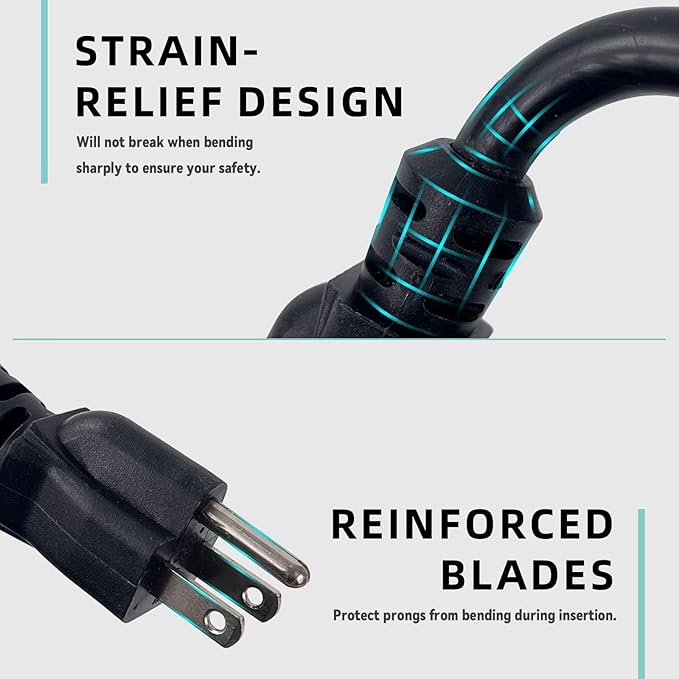 100ft Indoor Outdoor Extension Cord - 12/3 SJTW Heavy Duty Extension Cable with 3 Prong Grounded Plug for Safety -15Amp 1875W Black Electric Cord Great for Garden, Appliances