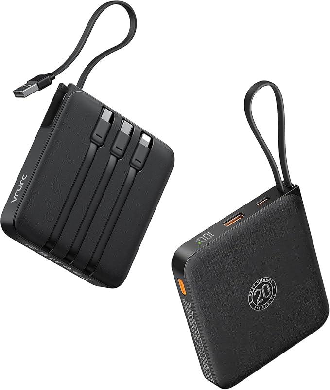 VRURC 20000mAh Portable Charger with Built-in Cables, Travel Essentials, 22.5W Fast Charging Power Bank for iPhone, Phone Battery Pack for iPhone 16 15 14 13 12 11 x Samsung Galaxy Series(1 Pack)