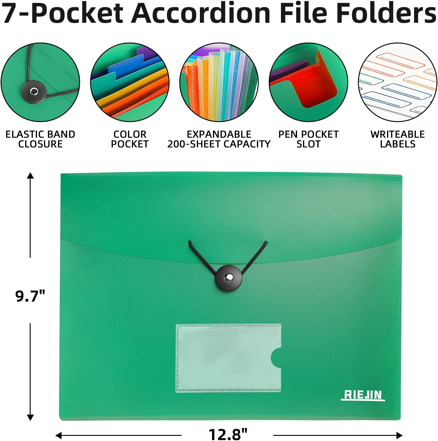 Accordian File Organizer 7 Pocket Expanding File Folder with Labels, Plastic Expandable File Folder for Documents Letter Size A4 Papers - Green
