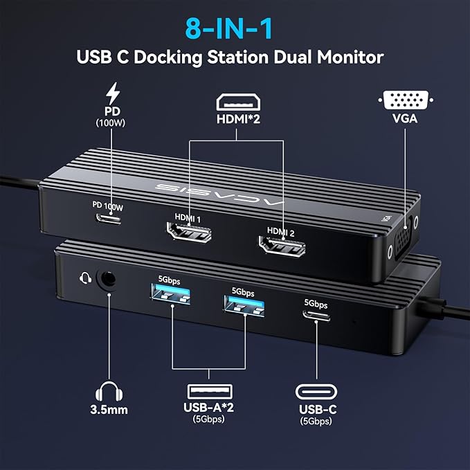 ACASIS USB C Docking Station Dual Monitors,8-in-1 Laptop Docking Station with Dual Monitor 2*HDMI +VGA +3 * 5G USB-A/C+3.5MM Audio+PD100W, Laptop Dock for Dell/HP/Lenovo ThinkPad（Black）