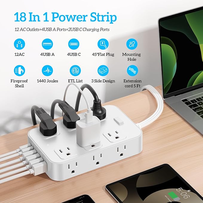 Flat Plug Power Strip Surge Protector with 12 AC Outlets 6 USB Ports 3 Side Multi Plug Outlet Extender 5 Ft Extension Cord for Home Office Kitchen Dorm Wall Desk Charging Station ETL Listed