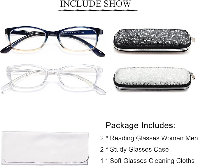 EYEURL 2 Pack Reading Glasses for Women Men, Blue Light Blocking Lightweight TR90 Readers Filter Glare/UV Rays/Eyestrain, 0.00