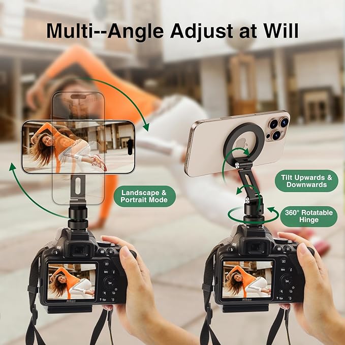 elitehood Magsafe Phone Tripod Mount Adapter with 360° Rotatable Cold Shoe & 1/4” Screw, Magnetic Camera Phone Mount, Aluminum iPhone Holder for Tripod Camera Video Recording Live Streaming Vlogging