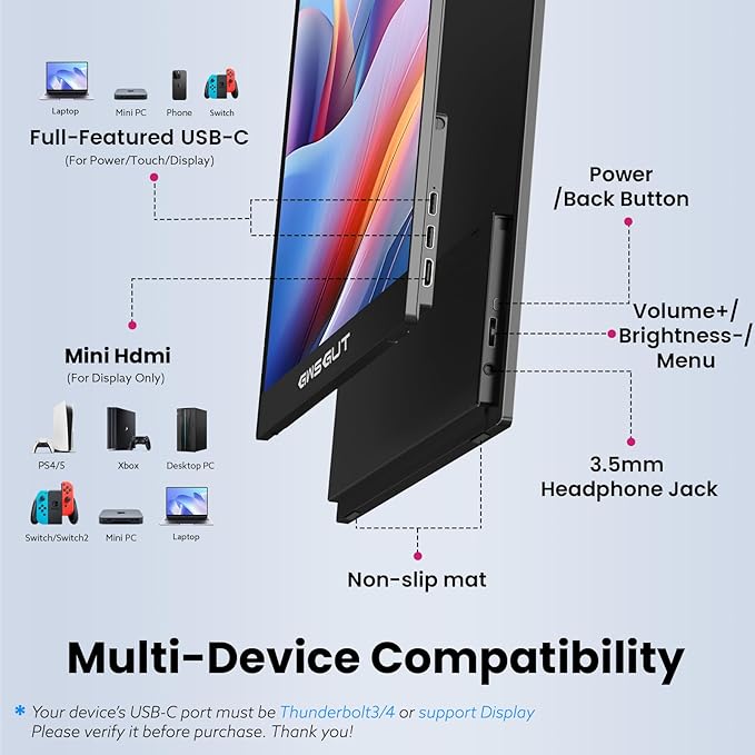 Portable Monitor Touchscreen 15.6'' FHD 1080P USB-C HDMI Ultra-Slim Gaming Display, Built-in Stand Speakers HDR IPS,for Laptop PC Mac Phone PS4/5 Travel Monitors (1080p Touchscreen, 15.6")