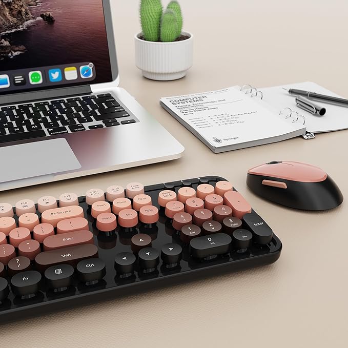 Wireless Keyboard and Mouse Combo, Full-Size Retro Typewriter Keyboard with Round Keycaps, Ergonomic Design for Windows PC, Home and Office Use -Red