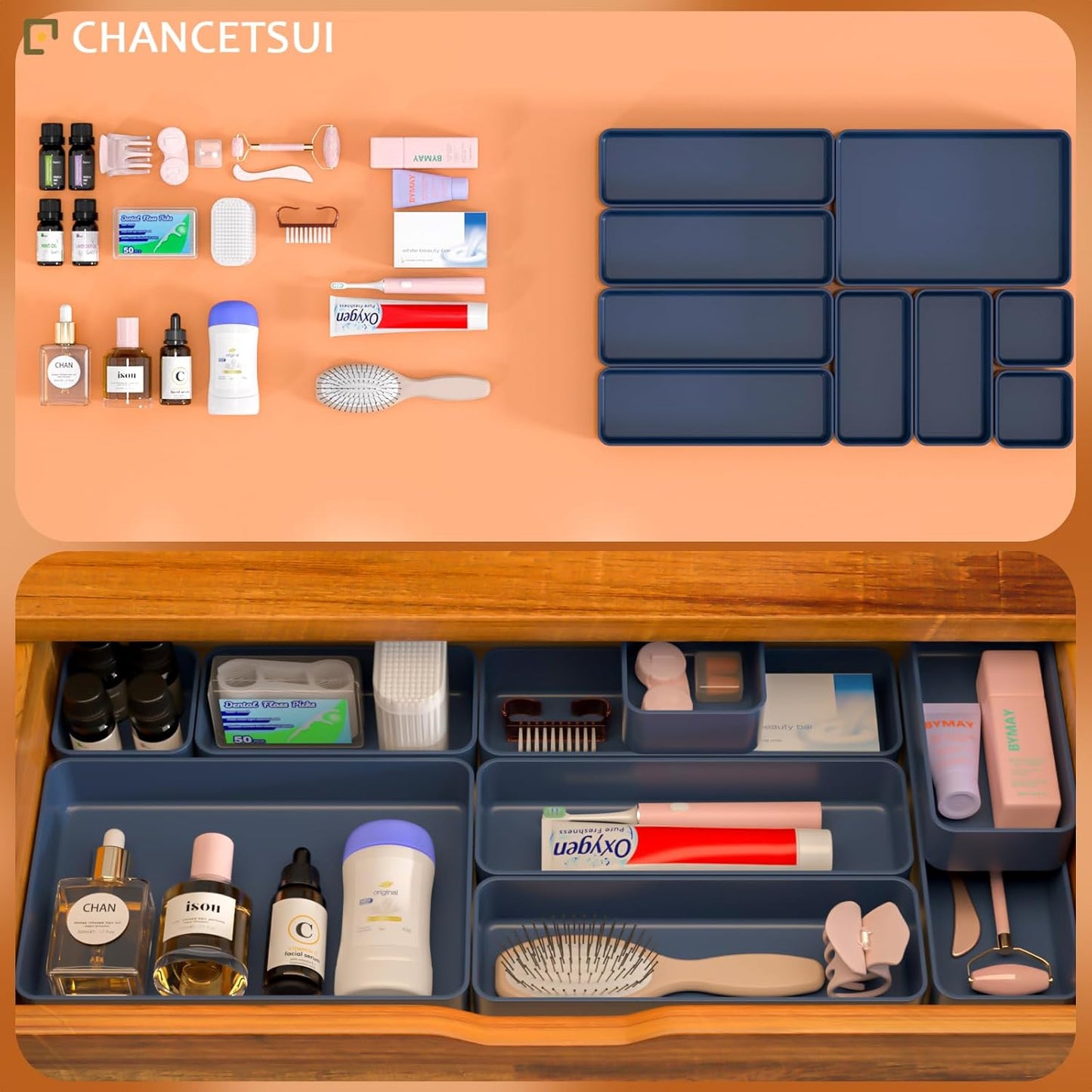 9 Pcs Stackable Drawer Organizer Trays Set, Multifunctional Stackable Storage Trays for Vanity, Bathroom, Kitchen, Desk Drawer Organizer Office. Plastic Drawer Organizers Available In 5 Colours, Blue