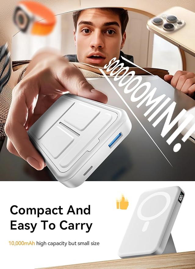 Magnetic Portable Charger, 10000mAh Wireless Power Bank with Leather Foldable Stand, USB-C 20W Fast Charging for Magsafe Battery Pack Compatible with iPhone Air/17/16/15/14 All Series