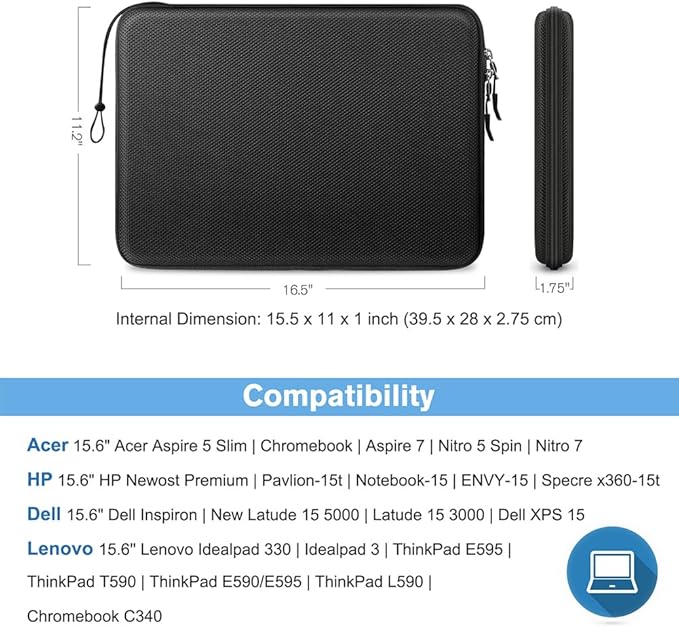 FINPAC 15.6-inch Hard Laptop Sleeve Case Compatible with 15.6 Inch Acer Aspire, Shockproof Computer Carrying Case for 15.6 Inch HP Dell Razer Samsung Laptop Chromebook, Black