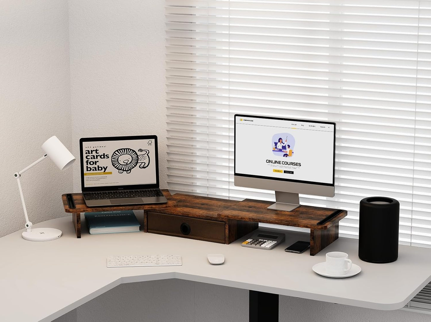 Dual Monitor Stand Riser with Drawer-Adjustable Length and Angle, Monitor Stand Riser for 2 Monitors, Desktop Organizer Stand for Computer/Laptop/PC/Printer (Rust Brown)