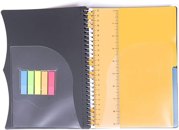 Mintra Office Durable PREMIUM Spiral Notebook, ((Black, 2 Subject (6in x 9.5in)), Wire, Fabric Covered Coils, No Snags, Removable Adjustable Pocket Dividers, Ruler, Organization, Customizable
