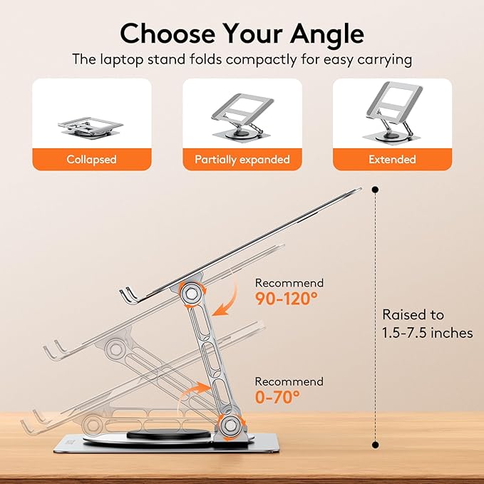 TECKNET Laptop Stand for Desk, 360 Rotating Base, Ergonomic Foldable Computer Stand for Laptop Riser Height Adjustable, Compatible with MacBook Pro, All Laptops 10-17" - Silver