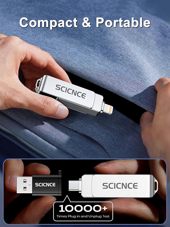 SCICNCE 256GB Flash Drive Intended for iPhone, USB Memory Stick Storage Backup for Photos Videos, Plug and Play No APP Required, Compatible with iPhone iPad Android and Computers (Metal Silver)
