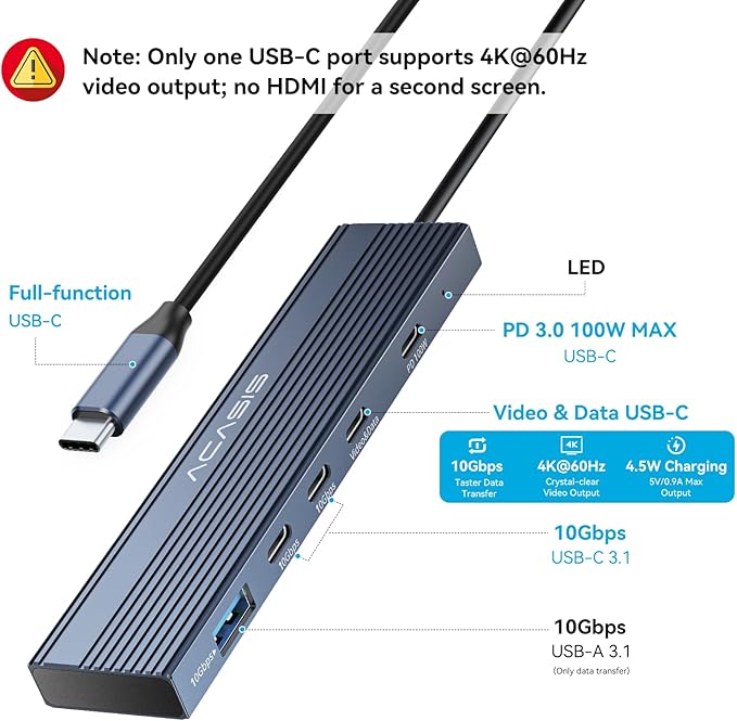 ACASIS USB C Splitter with 4K@60Hz Video Output, USB C Hub 10Gbps, 1xUSB C Video Output for Portable Monitor, 3xUSB C 10Gbps,100W PD, Multiport Adapter Splitter for Dell/HP/Mac Pro/Samsung