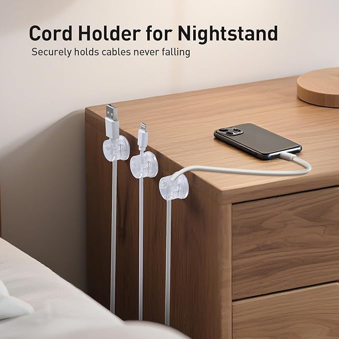 AGPTEK 8 Pack Magnetic Cable Clips, Upgraded 360° Rotatable Cord Holder Clips for Nightstand, Desk Cord Organizer Adhesive Wire Management Home Office Phone Charging Cords USB Cable Keeper (Clear)