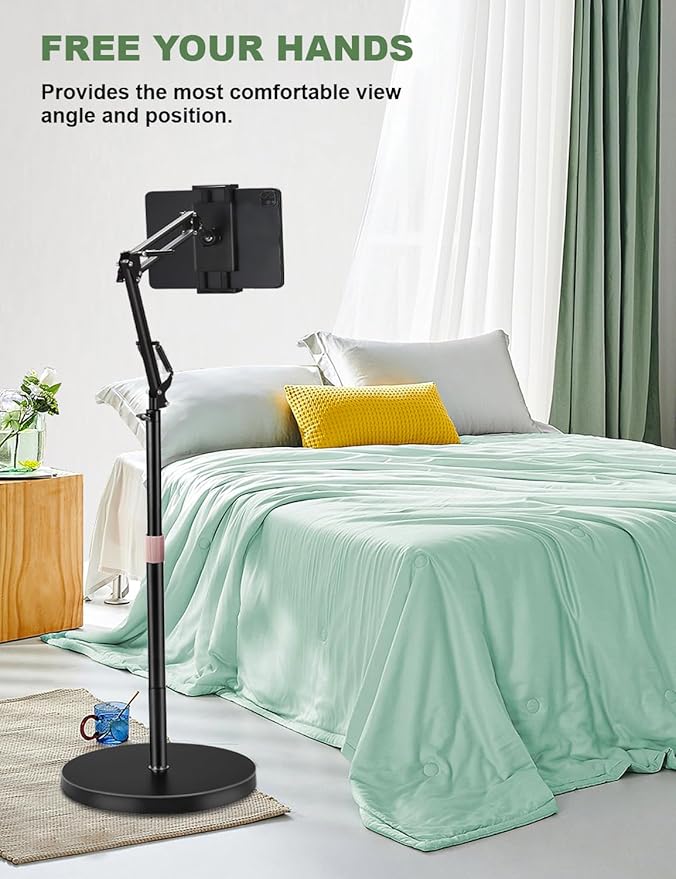 Tablet Floor Stand, Overhead Bed Phone Stand with 8.8 lb Super Stable Base & Angle/Height Adjustable, Compatible with 4.5''-13'' iPhone, iPad Pro 12.9, Galaxy Tab, Kindle, Phones