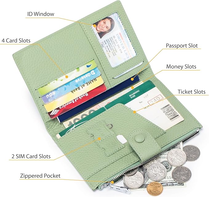 Leather Passport Holder for Women, Slim RFID Blocking Travel Wallet, Compact Passport Wallet with Zippered Coins Pocket and SIM Slots, Ladies Passport Cover Case