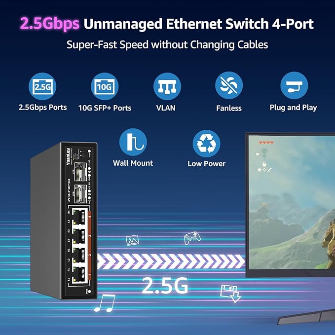 6 Port 2.5G Unmanaged Ethernet Switch, 4 x 2.5G Base-T Ports, 2 x 10G SFP, Compatible with 100/1000/2500Mbps, VLAN, Fanless, Desktop/Wall Mount YuanLey 2.5Gbe Network Switch for Wireless AP, NAS, PC