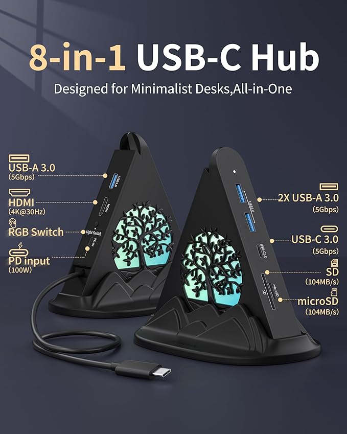 USB C Hub Multiport Adapter, 8 Ports with RGB Light, 4K HDMI, 100W PD Charging, 3 USB A and 1 USB C Data Ports, SD/TF Card Reader, Compatible with Gaming Laptops, Switch, PS5