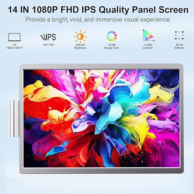 FHH Laptop Screen Extender, 14" FHD 1200P Dual Portable Monitor for Laptop- Travel Laptop Monitor Extender for 13-16.5" Type-C/HDMI/USB-A Plug & Play for Wins/Mac/Android/PS5