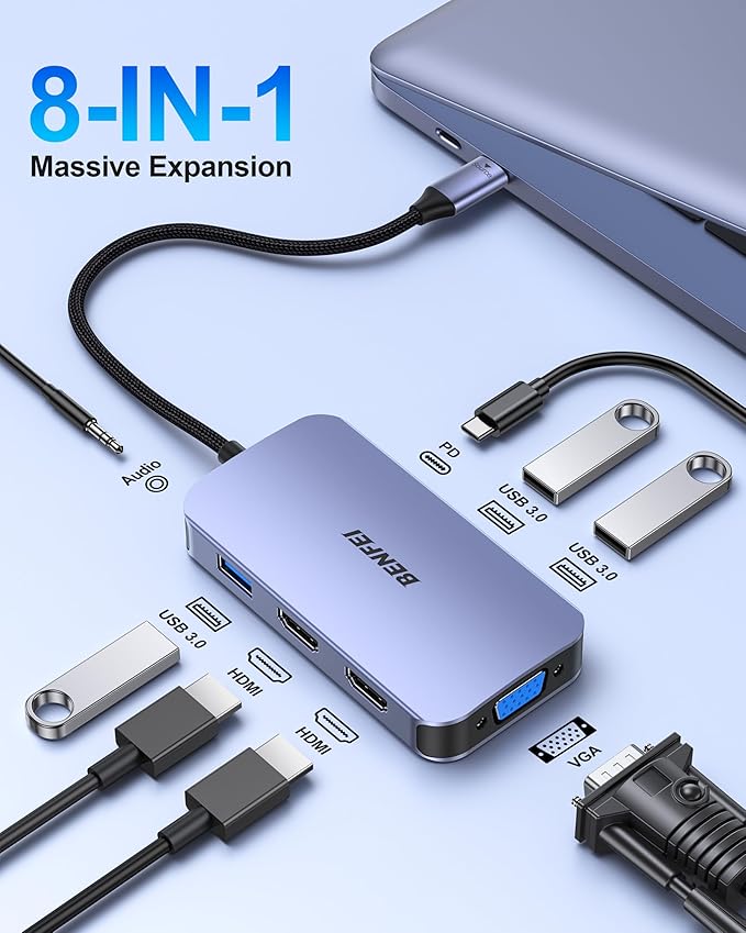 BENFEI USB C Docking Station, 8-in-1 USB C Hub with Triple Display Dual HDMI, VGA, 3*USB 3.0, 100W Power Delivery, 3.5mm AUX Audio Compatible with MacBook Pro, XPS and More