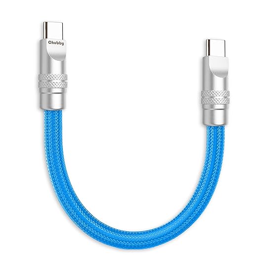 chubbycable Cute Chubby 240W Short USB C Cable Power Bank Fast Charging Cable Nylon Braided Charger Cord Compatible with iPhone 17-15 Series iPad, Blue, Type-C to Type-C, 0.82FT