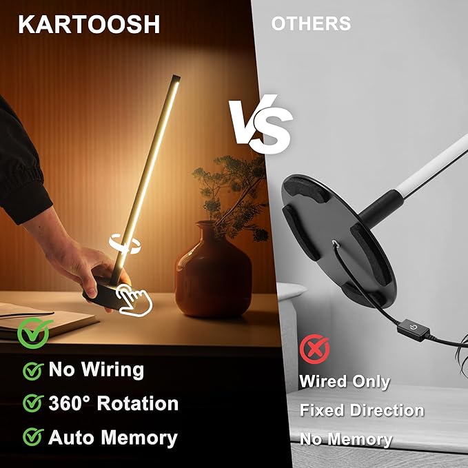 Cordless LED Table Lamp Set of Two, Battery Operated Portable Desk Lamp, Dimmable/3 Color/Memory Function, Modern Rechargeable Table Light for Living Room,Bedroom, Bedside, Black, 2 Pack